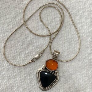 RJ Apacheto * Vintage Navajo Black Onyx & Carnelian Sterling Silver Necklace